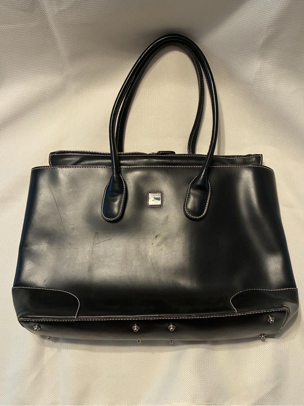 Dooney & Bourke Black Leather Tote with Contrast Stitching With Wear & Tear